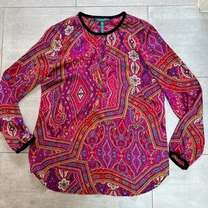 NWT Ralph Lauren gorgeous long sleeve blouse of great print w velvet accents Med